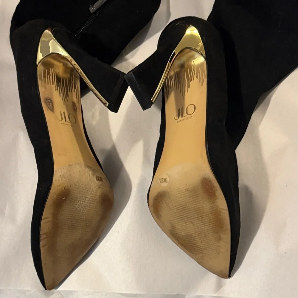 JLO Jennifer Lopez Elegant Black and Gold Over-the-Knee Boots